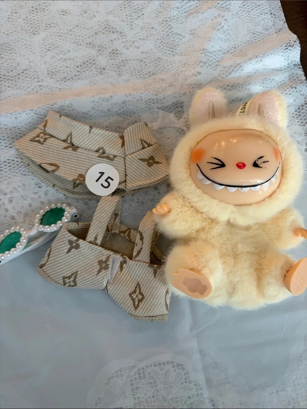 #15, Two Piece Light Brown LV Logo Outfit and Glasses For Labubu doll(No Doll)